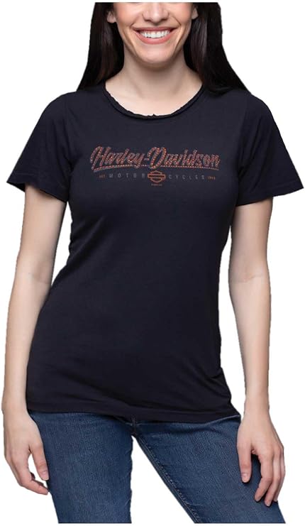Harley-Davidson Women's Believer Embellished Scoop Neck Short Sleeve Tee, Black