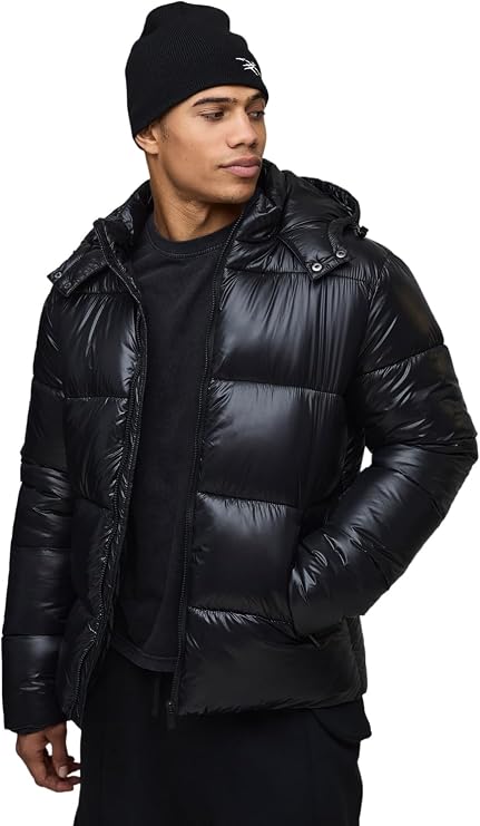 Regular Fit High Shine Puffer Jacket in Black