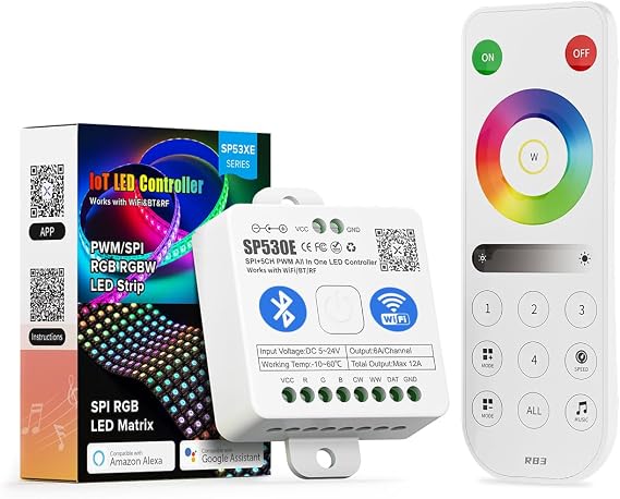 BTF-LIGHTING SP530E WiFi Alexa Bluetooth Controller 4-Zone RB3 Remote Kit | 2.4GHz WiFi, APP & RF Remote, For COB SMD PWM or SPI RGB RGBW LED Strip WS2811 WS2812B WS2814 WS2815 SK6812 IC, DC5V/12V/24V