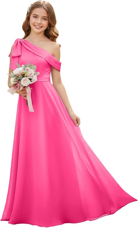 One Shoulder Junior Bridesmaid Dresses with Bow Chiffon Flower Girl Dress for Wedding Girls Formal Dresses