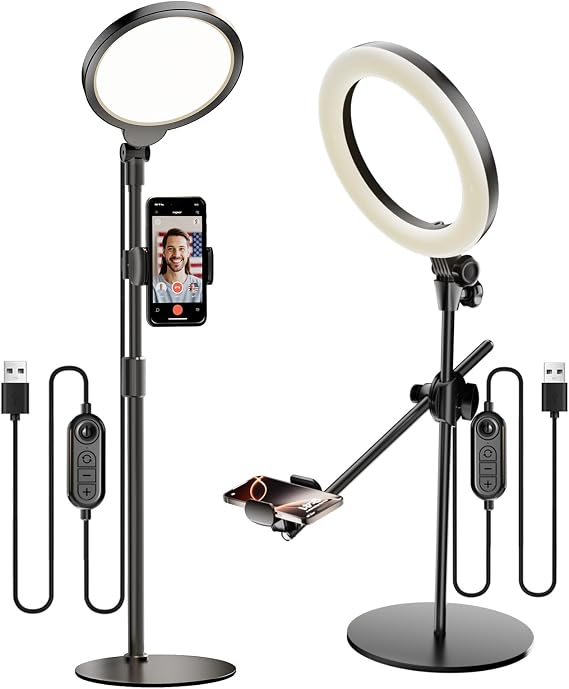 Desk Ring Light with Stand Bundle | 1 Pack 10.5'' Selfie Phone Light for Video Recording + 1 Pack Adjustable Desktop Light with Phone Holder, Desk Lights for Home Office Webcam Calls Live Stream