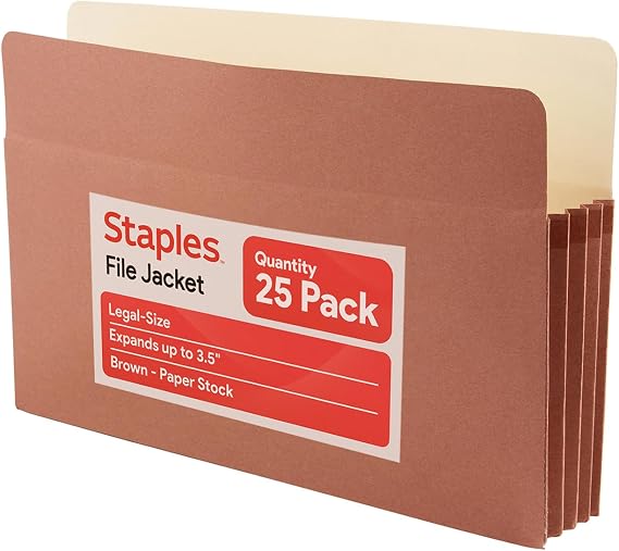Staples Reinforced Expanding File Pockets, Legal, 3.5 In Expansion, 25/Pk