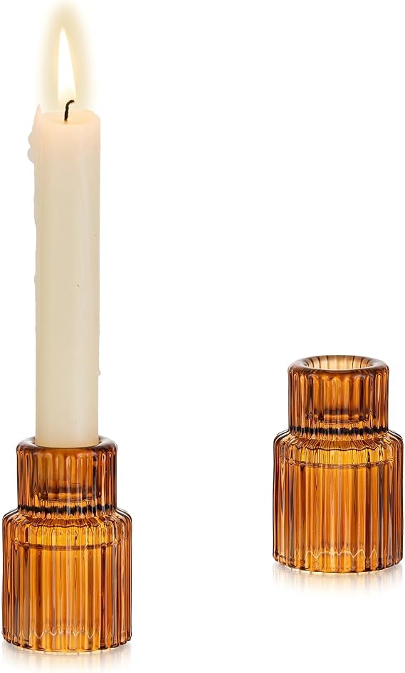 Glasseam Glass Tapered Candlestick Holders, 2 Pcs Amber Fall Table Decor