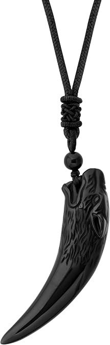 MINACHI Black Obsidian Tribal Wolf Tooth Pendant Necklace with Braided Cord