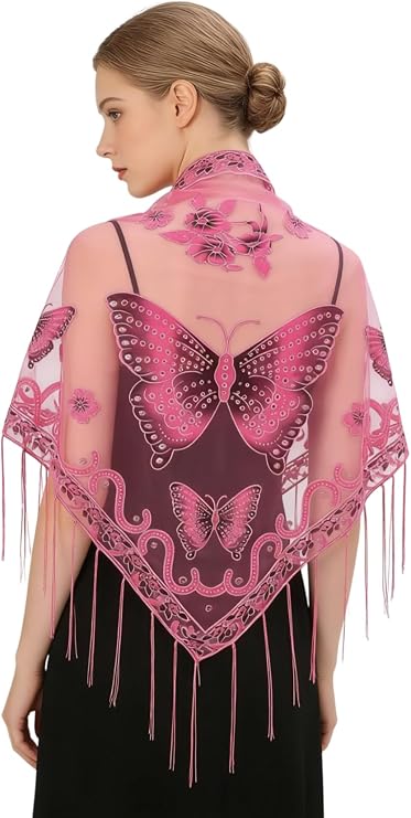 Womens Elegant Butterfly Print Shawls and Wraps for Evening Dresses Triangle Shawl Wraps Fringed Evening Cape