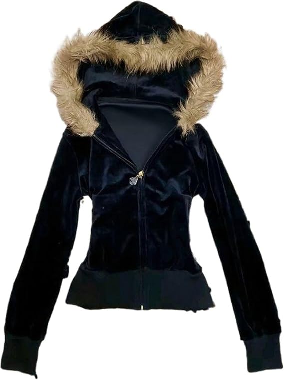 GGOOB Cute Winter Crop Coats Grunge Fur Hood Zip Up Hoodie Women Teen Girls Y2k Emo Goth 2000s Sweatshirts