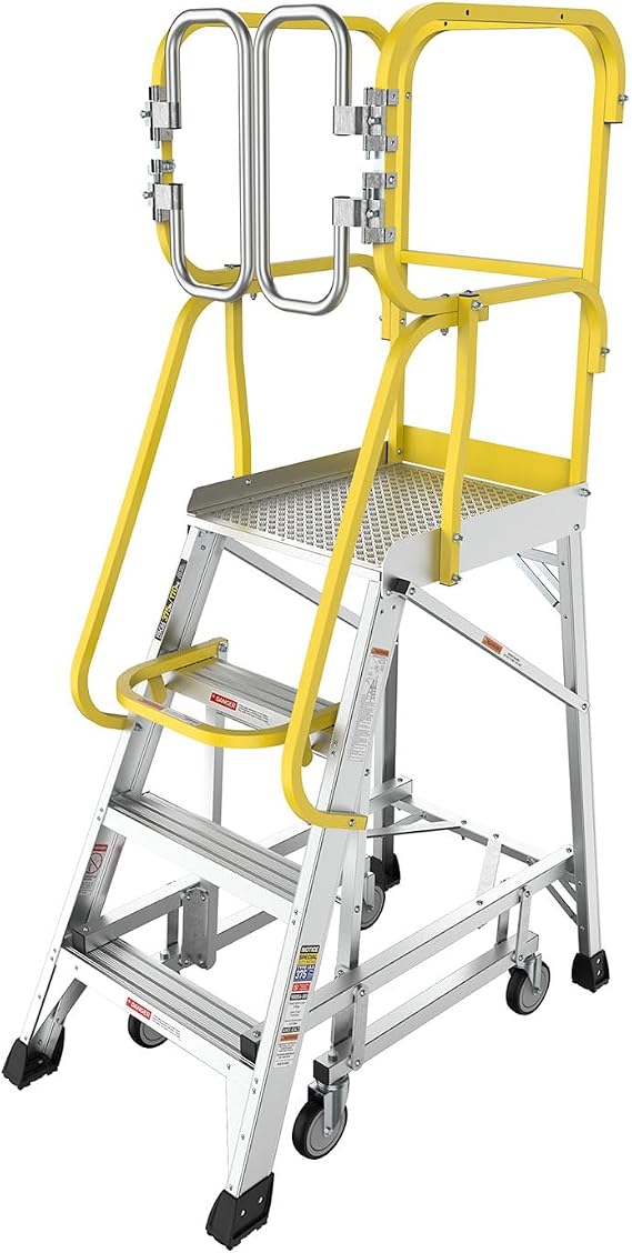 4 Step Aluminum Rolling Platform Ladder, 375 lbs Capacity Safety Ladder with Guardrail & Wheels, Industrial Rolling Ladder with Large Platform for Warehouse Garage Workshop Use