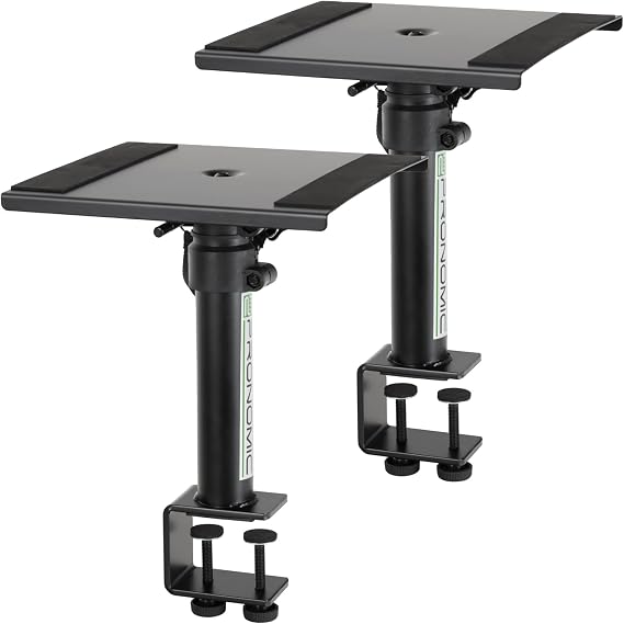 Pronomic SLS-36K BK Pair of Table Tripods with Table Clamp for Studio Monitors - Very Space Saving - Height Adjustable from 24.5 cm and 41.5 cm - Shelf with Foam Rubber Strips - Black