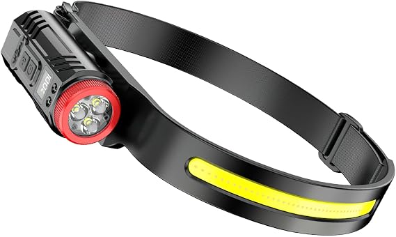 Rechargeable LED Headlamp with COB Light, Waterproof Dual Light Source Headlight, 150 Adjustable, Intelligent Sensing, LCD Digital Display, for Night Running, Cycling, Camping