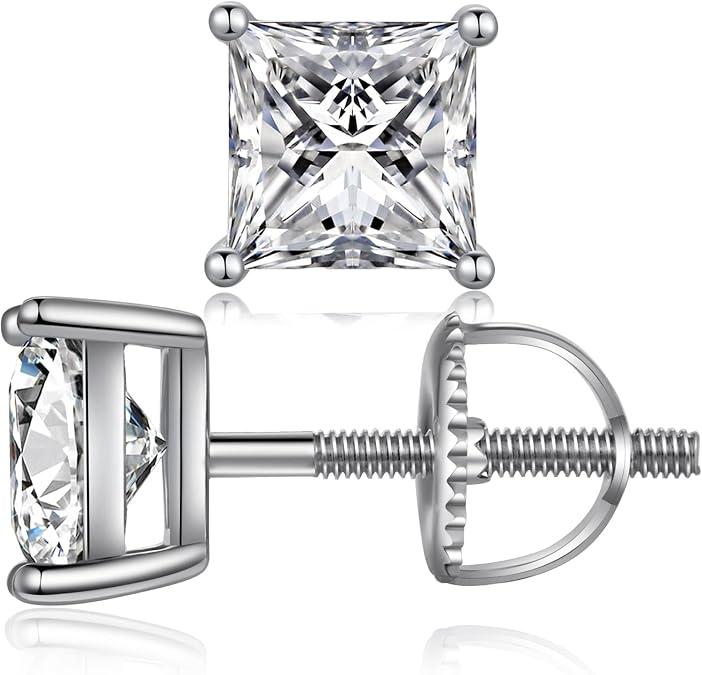 Princess & Round Cut CZ Screw Back Stud Earrings for Women 5A+ Sparkling Cubic Zirconia Hypoallergenic 925 Sterling Silver Earrings