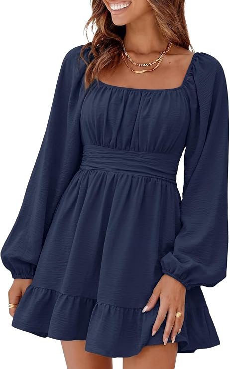 Dokotoo Womens Dress Lantern Sleeve Elastic Waist Tie Backless Mini Dress