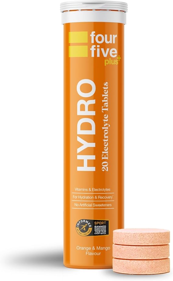 fourfive Hydration Tablets (Orange & Mango) Low Calorie Vitamin Electrolytes, Vegan, Magnesium & Calcium, Sports Hydration - 1x20 Effervescent Tablets
