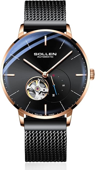 Men's Skeleton Automatic Watch, Black Minimalist Mechanical Watch