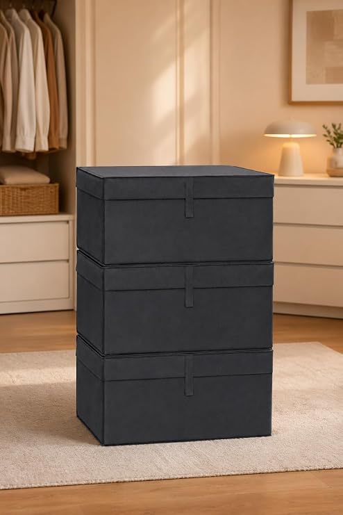 Çok Amaçlı Saklama Kutusu Düzenleyici Kapaklı Sandık Tipi Kutu Hurç Organizer 3 Lü Set (Antrasit, MEGA 60x40x30 Cm)6