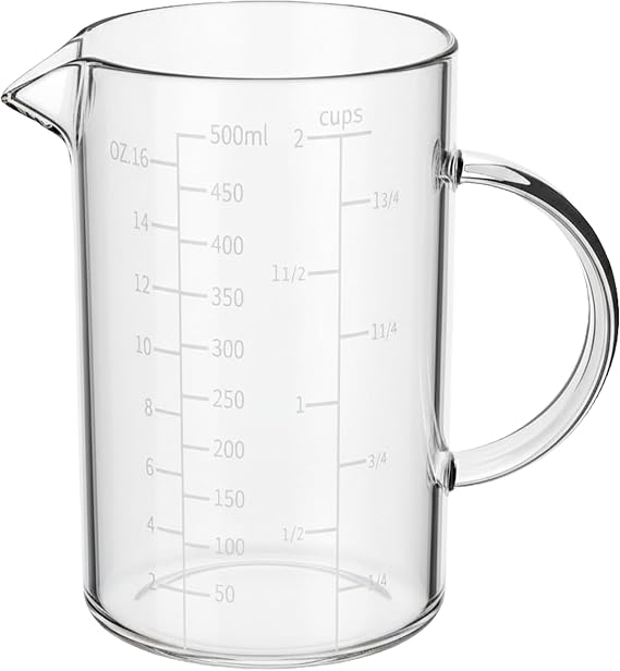 Glass Measuring Cup: High Borosilicate Glass Measuring Cup with Three Scales (OZ, Cup, ML/CC), Insulated handle, V-Shaped Spout, Measuring Beaker for Kitchen or Restaurant, 500 ML (0.5 Liter, 2 Cup)