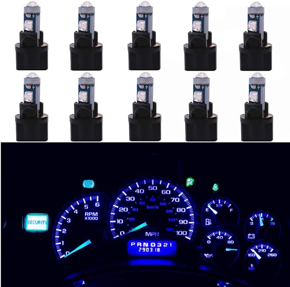 WLJH Super Bright Blue Canbus T5 Dash Light Bulbs Car Instrument Cluster Panel Gauge Warning High Beam Indicator Led 73 74 286 2721 Bulb with PC74 Twist Lock Sockets,Pack of 10