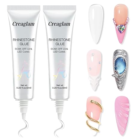 Rhinestone Glue for Nails - 2 Pack 16ML Super Strong Gel Adhesive for Nail Art Decorations, Charms, 3D Bling, Gems & Diamonds Precision Tip Bottle - LED Lamp Cure Required