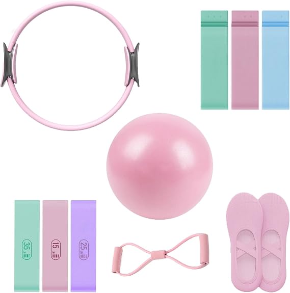 Pilates Ring Set, 14" Magic Circle, Long & Loop Resistance Bands, Soft Pilates Ball, Grip Socks,Puller, Home Workout Equipment for Women & Beginners to Tone, Flexibility & Core Strength (Pink)