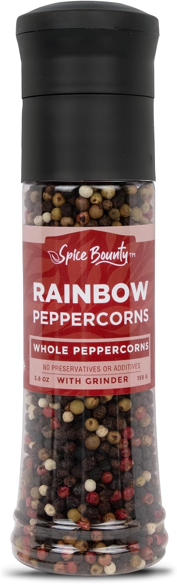 Spice Bounty Rainbow Peppercorn Grinder 5.6 oz Whole Mixed Peppercorns (Black, White, Green & Pink) Premium Refillable Grinder, No Additives or Preservatives