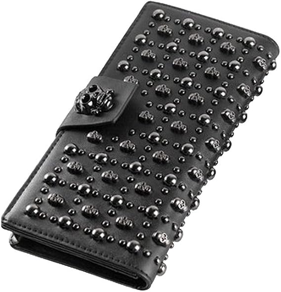 Shinywear Women's Black Long Skull Studded Purses Genuine Leather Card Holder Wallet