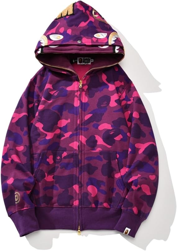 24ss Trendy BAP Shark Head Couple Fashionable Casual Double Hat Camouflage Hoodie-color5||M