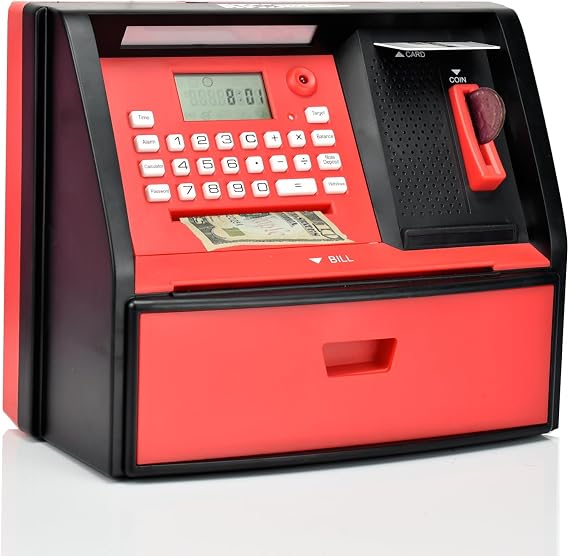 ATM Piggy Bank for Kids, Electronic Money Bank with Coin Counter, Card & Password, Mini ATM Machine Birthday Gift for Boys and Girls Fun Educational Savings Toy (Black/Red)