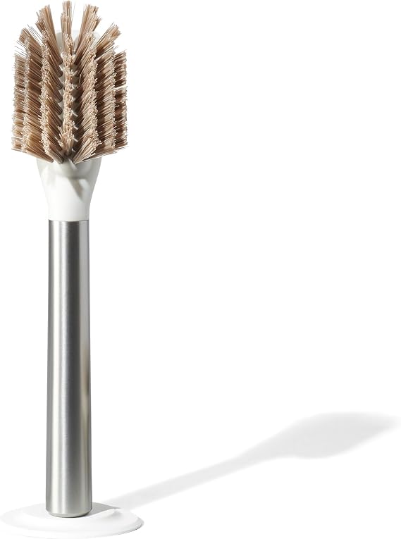 Curio Home Goods Ionic Dish Brush, Magnetized to Stand Upright, Stainless Steel with Replaceable Head, Silver