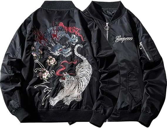 Bankiku Men's Jacket, Dragon Tiger, Black, Yokosuka Stadium Jacket, MA-1, Embroidered, Lightweight, Bike Jumper, Japanese Pattern, Padded, Rider's Outerwear