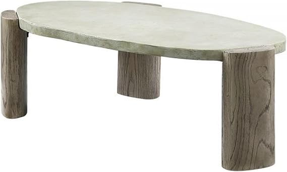 47 Inch Coffee Table, Oval Shape Cement Top, Smooth Gray and Oak Brown