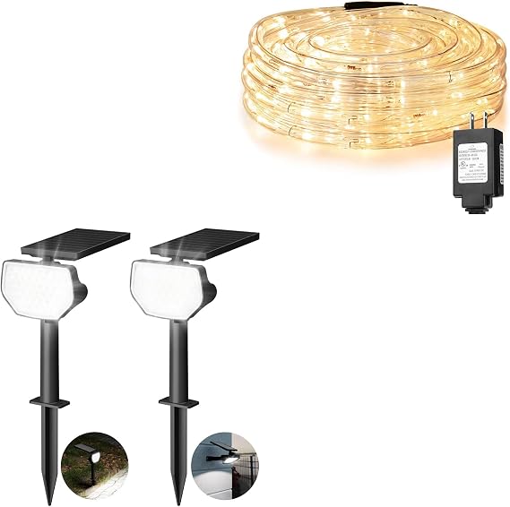 Lepro Bundle 2 Items:2 Pack Solar Spot Lights Outdoor Waterproof & 33ft 240 LED Rope Lights Outdoor
