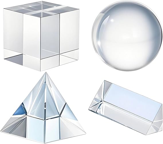 QFkris 4 Pack K9 Optical Crystal Photography Prism Set for Teaching | Photography Accessory, Include 50mm Crystal Ball, Crystal Cube, Triangular Prism, Optical Pyramid