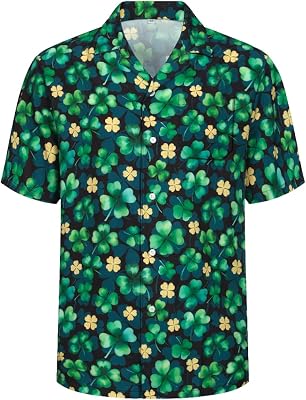 St.Patricks Day Shirts for Men Funny 3D Print Button Up Shirt for Men Holiday Casual Hawaiian Short Sleeve Shirts