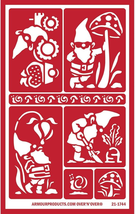 Over'N'Over Reusable Glass Etching Stencils Durable Self-Stick Designs for Glass, Mirrors, and Ceramics with Armour Etch Cream 5 x 8 Stencil Sheet - Gnomes 2