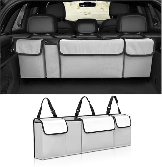 Car Trunk Organizer, Collapsible Large Capacity Auto Backseat Hanging Storage Bag with Adjustable Strap & 4 Pockets, Space Saving Car Back Seat Cargo Bag, Universal for Vehicles (White)
