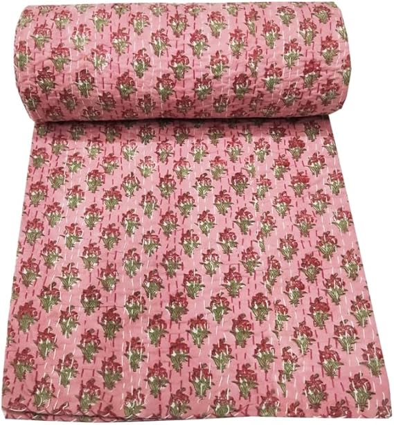 YUVANCRAFTS Indian Block Print Quilt Queen Kantha Quilts Kantha Throw Kantha Bedspread Blanket Cotton Bed Cover Quilt Boho Kantha Quilts Bedspread (Light Pink, Twin 90 X 60 Inch)