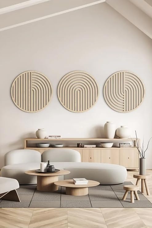 Wooden Wall Art Set of 3 Abstract Bohemian Style Circle Design Home Decor Living Room Decorative Gift Beige Color 35x35cm - Beige, 8x8 inch