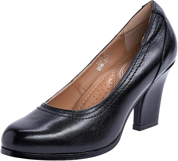 Mona flying Women's Leather Chunky High Heel Dress Pump Formal Office Shoes