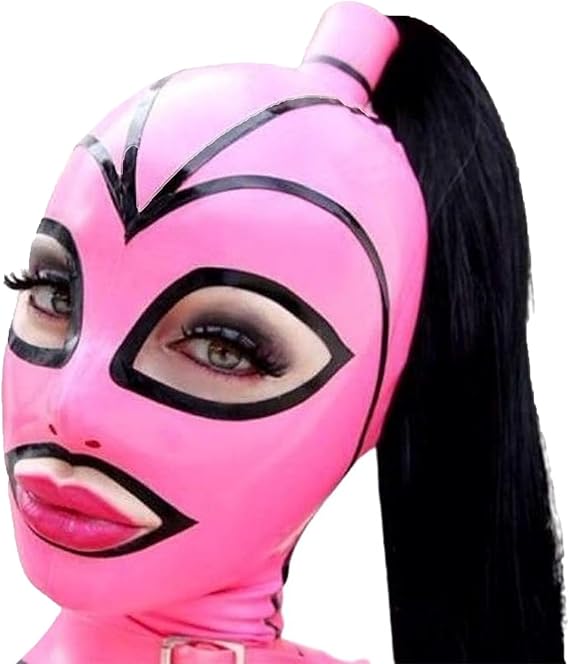 Latex Mask Hood Pink Pigtail Black Yellow Hair braid Rubber Strips with Ponytail Handmade Headgear Exposed eyes FW32