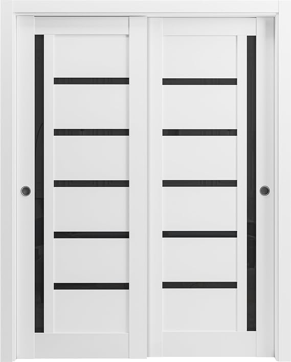 Sliding Closet Door SARTODOORS Quadro 4588 Bypass Interior Doors with Black Glass, MDF, 84x84, White, Modern Style Hardware Included