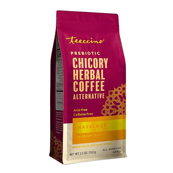 Teeccino Hazelnut Chicory Coffee Alternative - 11 Ounce - Ground Herbal Coffee Thats Prebiotic, Caffeine Free & Acid Free, Medium Roast