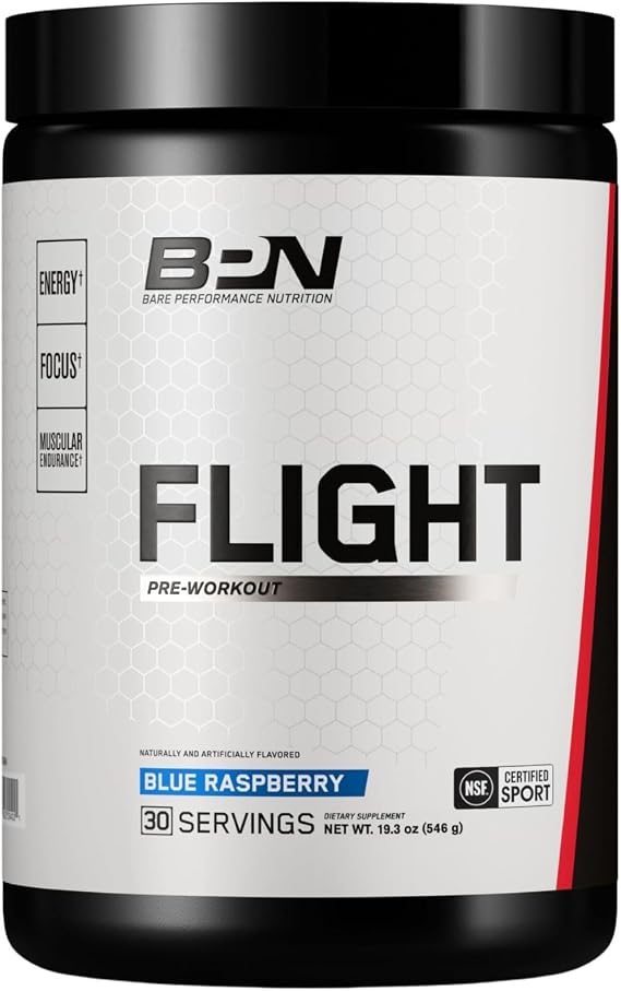 Bare Performance Nutrition BPN Flight Pre Workout, Supports Energy and Mental Focus, Improved Endurance & Muscle Pumps with CarnoSyn Beta Alanine, Blue Raspberry, 30 Servings