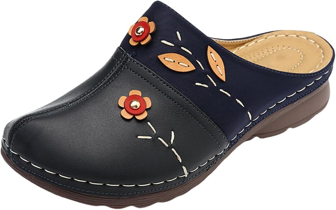 Womens Clogs Shoes Leather Arch Support Orthopedic Flat Sandals Mules Flower Slip-On Platform Slipper Comfortable Closed Toe Beach Loafers