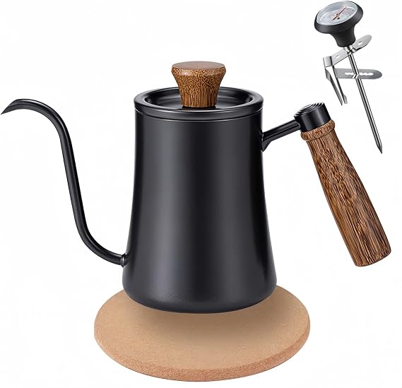 Pour Over Coffee Kettle, 550ml Gooseneck Kettle Spout Coffee Tea Pot with Thermometer, Anti-Hot Wooden Handle,Stainless Steel Tea Kettle with Long Narrow Spout Hand Drip Kettle(Black)