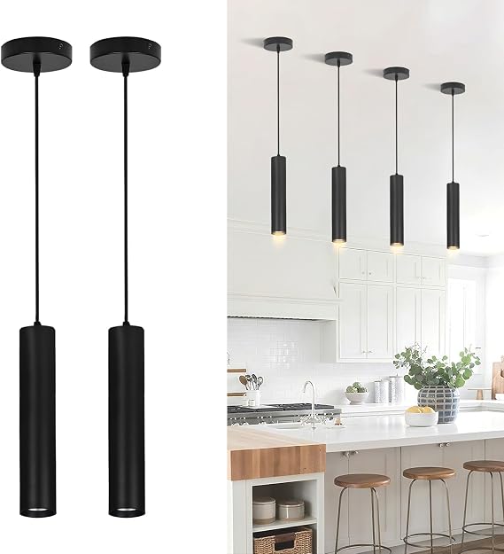 Black Pendant Lights 2 Pack, 3W LED for Kitchen Island, Non-Dimmable | Modern cylinder aluminum pendant lights, 3000K LED lighting and adjustable cords for islands dining tables bedroom hallway