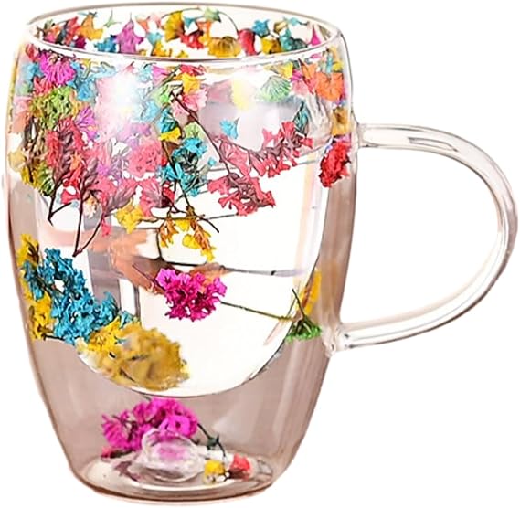 250ml/8.5oz Eternal Flower Double Layered Transparent Glass Cup High Borosilicate Glass Water Cup- flower-Pearl cotton packaging 250ml