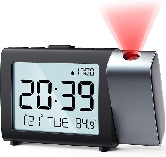 Projection Alarm Clock for Bedroom, Digital Clock with Snooze, Weekend Mode | 180 Rotatable Projector, Volume & Brightness Adjustment, Temperature & Date Display, 12/24H, USB Powered with Battery Backup