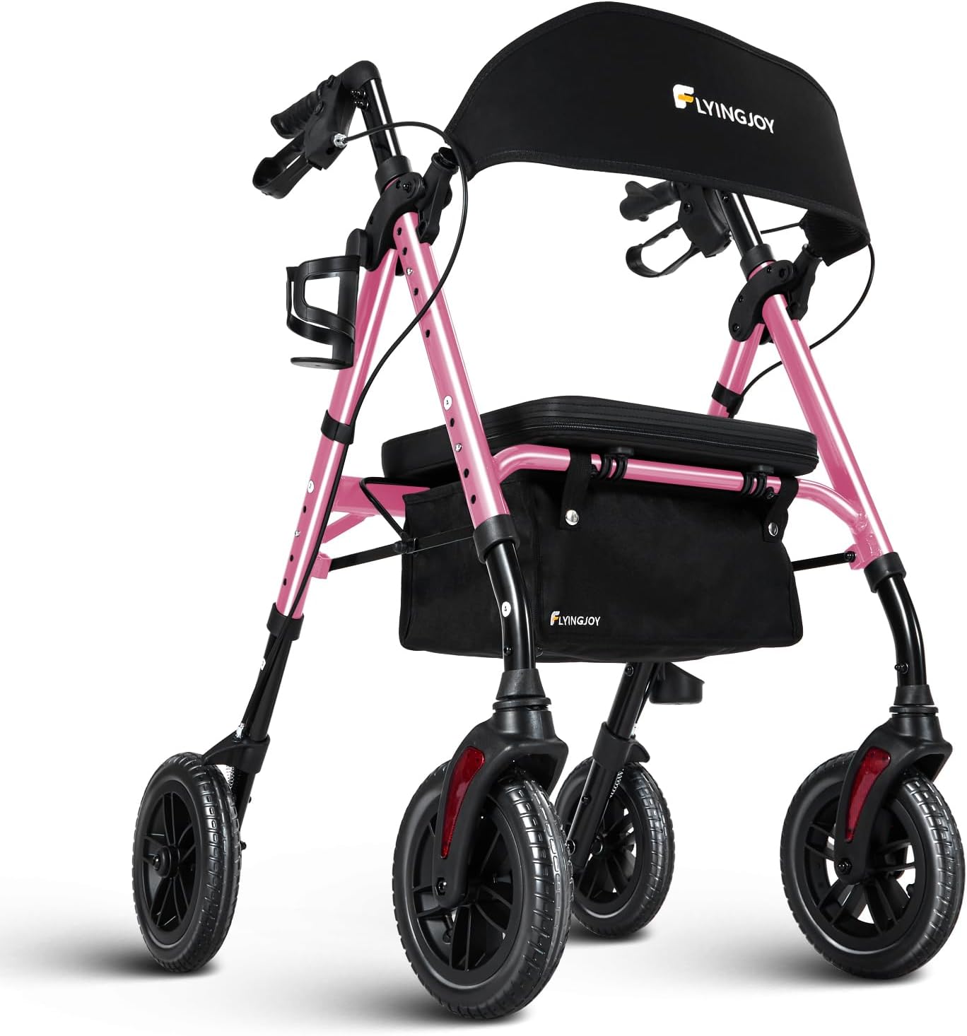 Folding Walker with Seat and Extra Wide Backrest, All Terrain Walkers Large 8 Inch Wheels for Seniors, Rolling Walkers with Cup and Stick Holder, Support