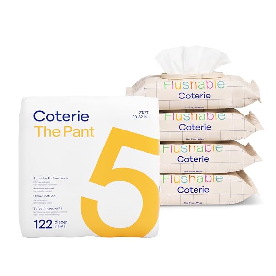 Coterie The Pant, Size 5, Refastenable Training Pants for Sensitive Skin, Hypoallergenic, Super Absorbent Overnight Leak Protection + 4 Pack Coterie Flushable Wipes