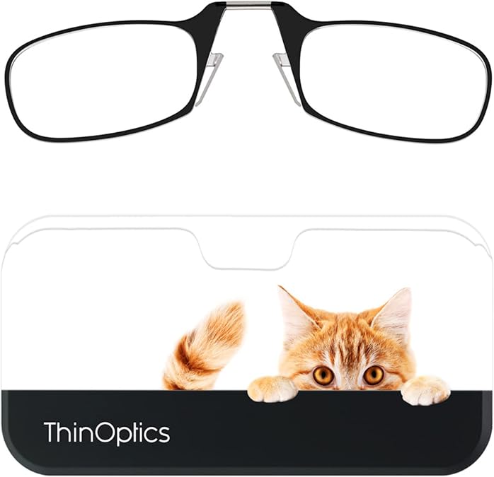ThinOptics Universal Pod Case + Rectangular Reading Glasses, Peekaboo Cat, 44mm + 2