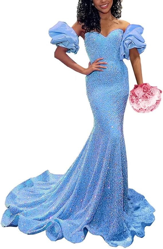 Sequin Mermaid Prom Dresses for Women Long Ball Gown Sparkly Strapless Formal Evening Party Gowns with Puff Sleeves